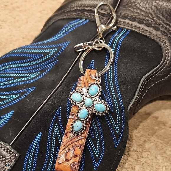 Accessories - Turquoise Cross Keychain with Leather Accent